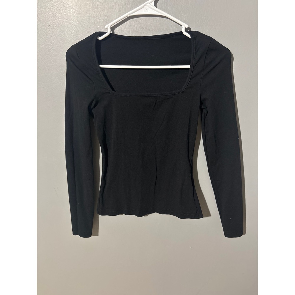 SHEIN Black Square Neck Long Sleeve Top Slim Fit Cotton Blend Small